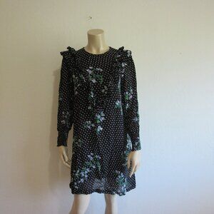 GANNI Black Polka Dot Floral Pattern EU40 Long Sleeve Dress